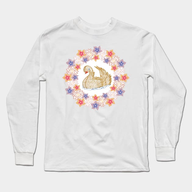 Gold Swan with Flowers Long Sleeve T-Shirt by MitaDreamDesign